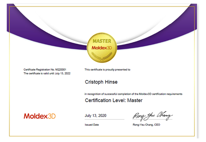 Premier lauréat à recevoir le "Moldex3D Master Certificate